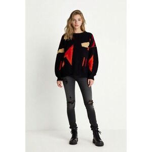 Vintage Luce Italy Abstract Geometric Lurex Knit Sweater Black Red Medium